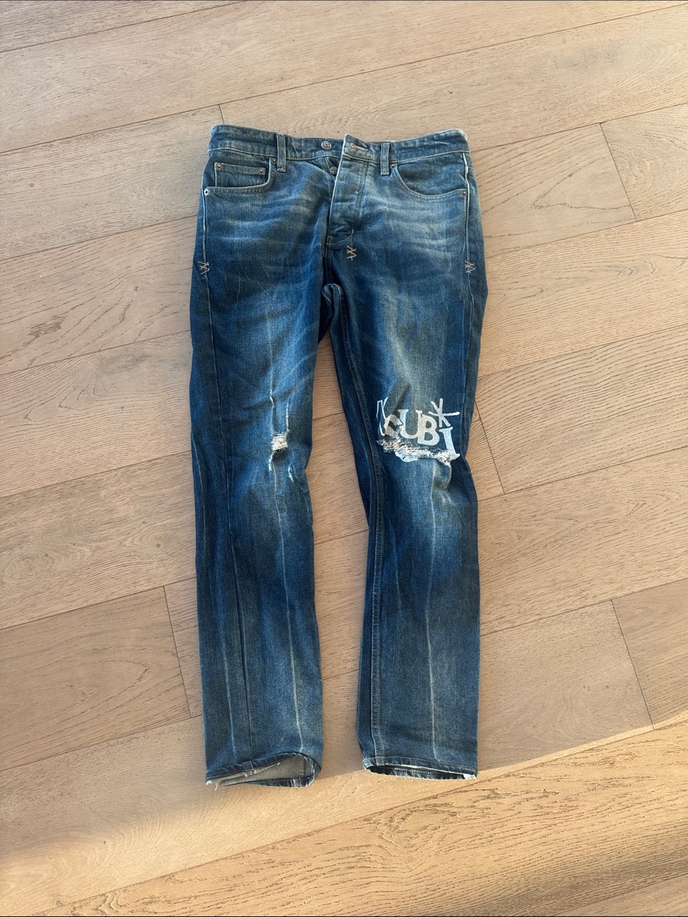 Ksubi Distressed Dark Blue Slim Straight Jeans with Graphic Patch
